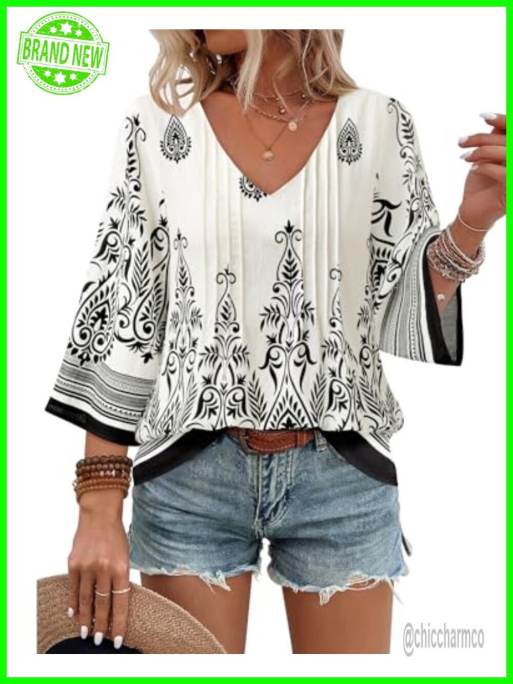 Womens V Neck 3/4 Sleeve Boho Floral Tunic Top Loose Fit Blouse